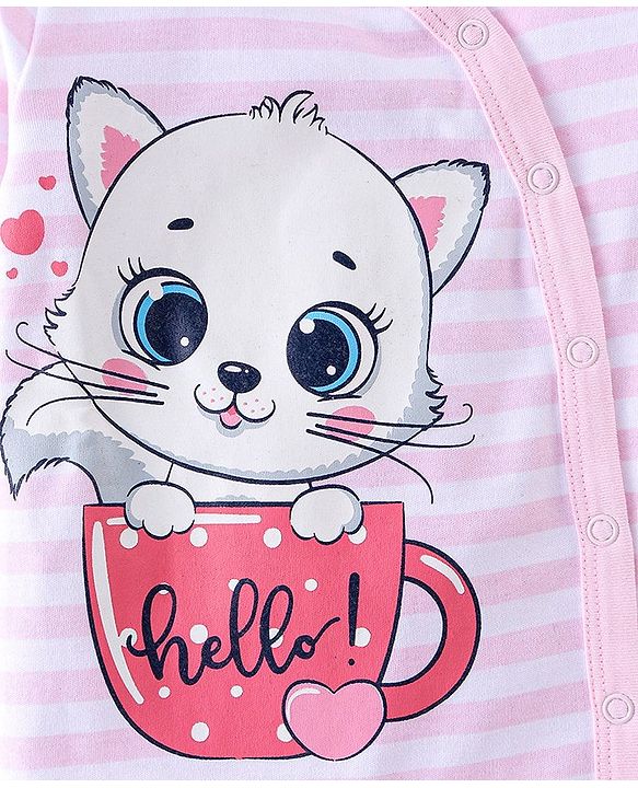 Babyhug Cotton Knit Full Sleeves Footed Sleepsuit Kitty Print Pack of 2 - Red & Pink