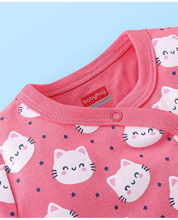 Babyhug Cotton Knit Full Sleeves Footed Sleepsuit Kitty Print Pack of 2 - Red & Pink
