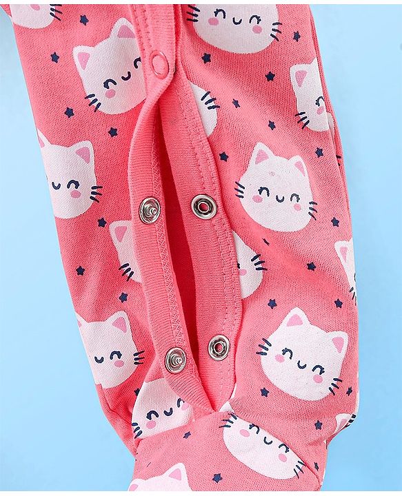 Babyhug Cotton Knit Full Sleeves Footed Sleepsuit Kitty Print Pack of 2 - Red & Pink