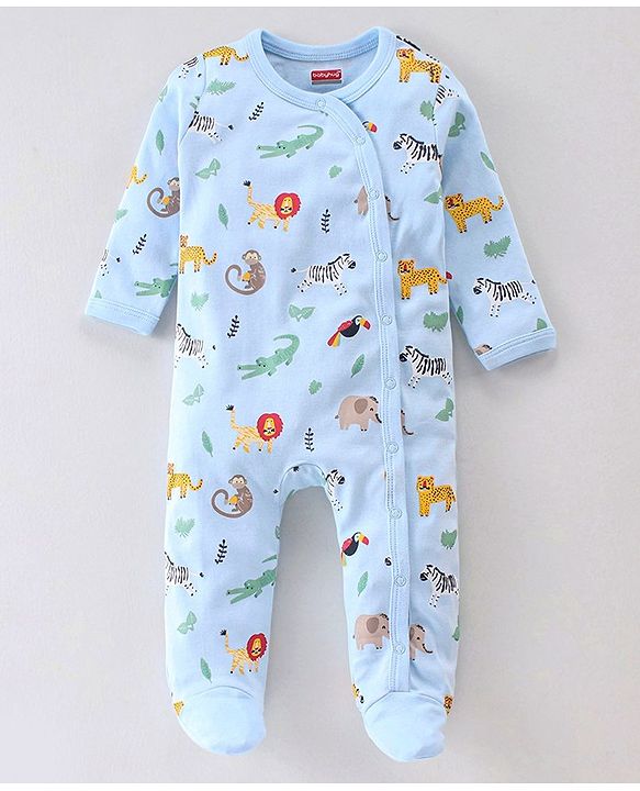 Babyhug Cotton Knit Full Sleeves Sleep Suit With Animal Print - Blue