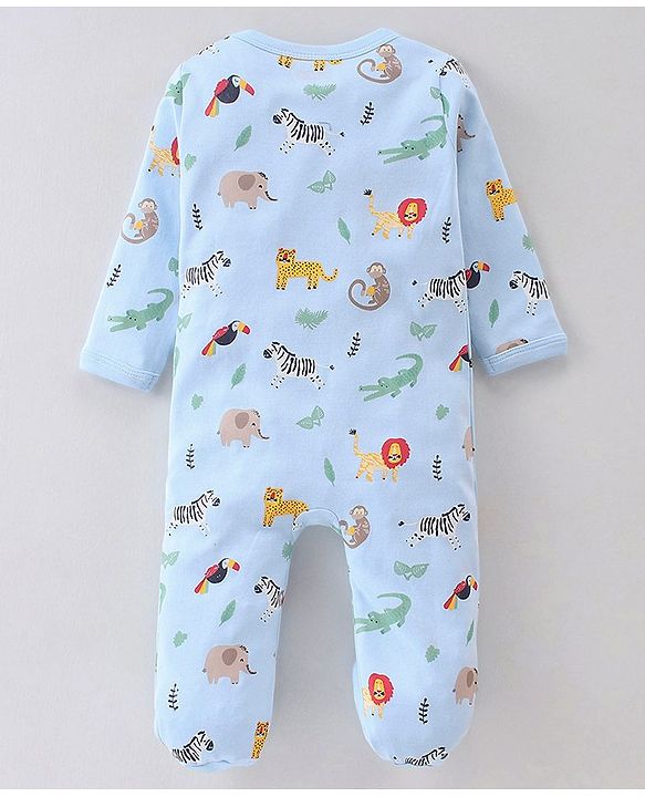 Babyhug Cotton Knit Full Sleeves Sleep Suit With Animal Print - Blue