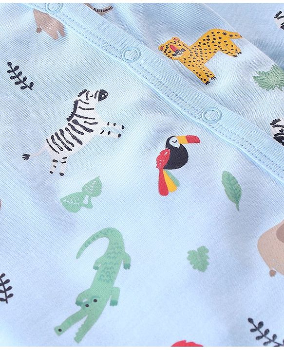 Babyhug Cotton Knit Full Sleeves Sleep Suit With Animal Print - Blue