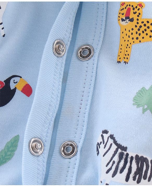 Babyhug Cotton Knit Full Sleeves Sleep Suit With Animal Print - Blue