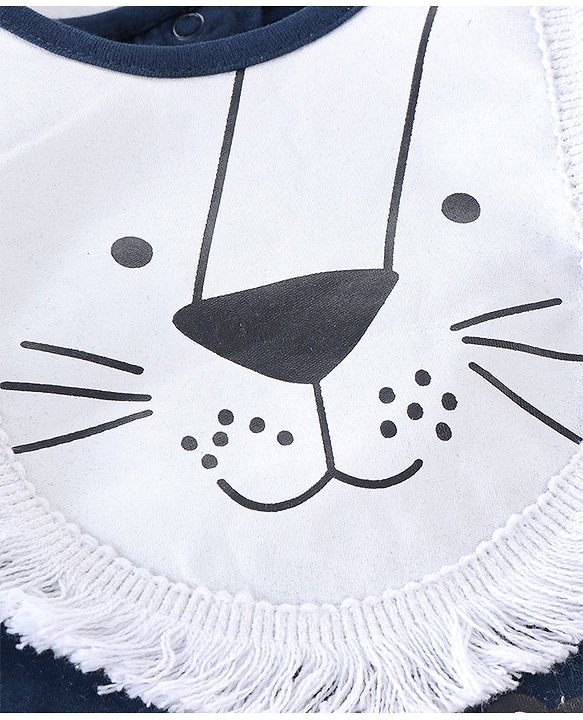 Babyhug Cotton Knit Full Sleeves Footed Sleepsuit Lion Applique - Blue & White
