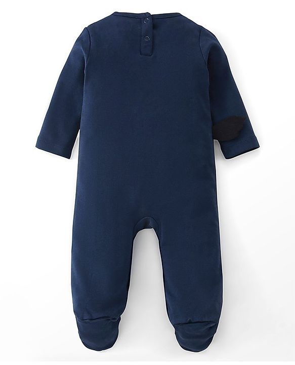 Babyhug Cotton Knit Full Sleeves Footed Sleepsuit Lion Applique - Blue & White