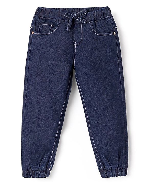 Babyhug Cotton Spandex Full Length Solid Color Stretchable Washed Denim Joggers - Dark Blue