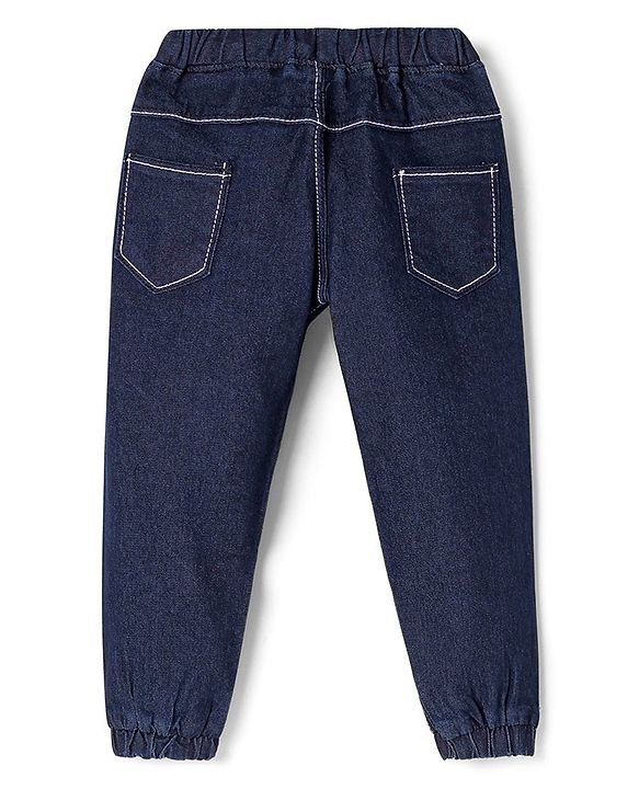Babyhug Cotton Spandex Full Length Solid Color Stretchable Washed Denim Joggers - Dark Blue