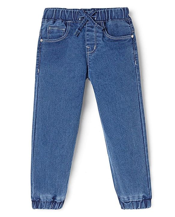 Babyhug Cotton Spandex Full Length Solid Color Stretchable Washed Denim Joggers - Blue