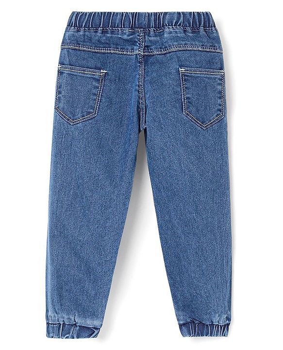 Babyhug Cotton Spandex Full Length Solid Color Stretchable Washed Denim Joggers - Blue