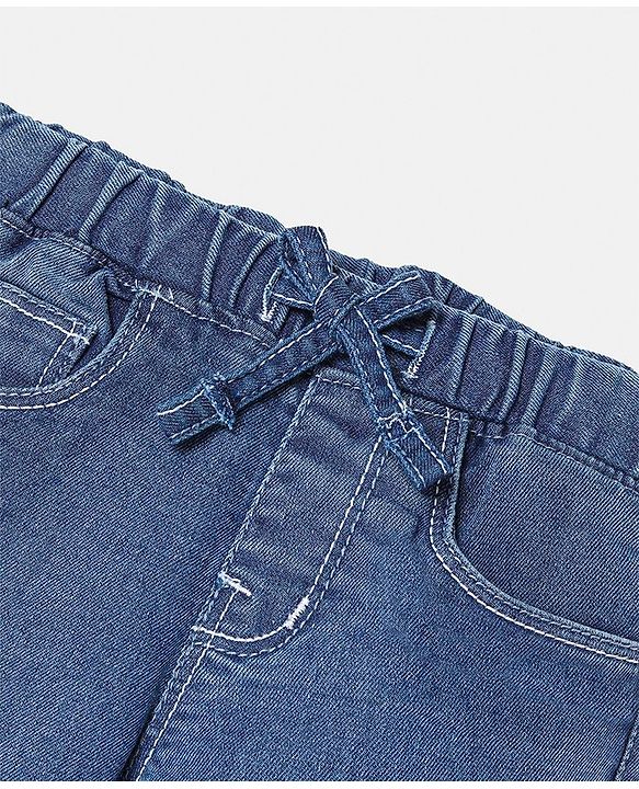 Babyhug Cotton Spandex Full Length Solid Color Stretchable Washed Denim Joggers - Blue