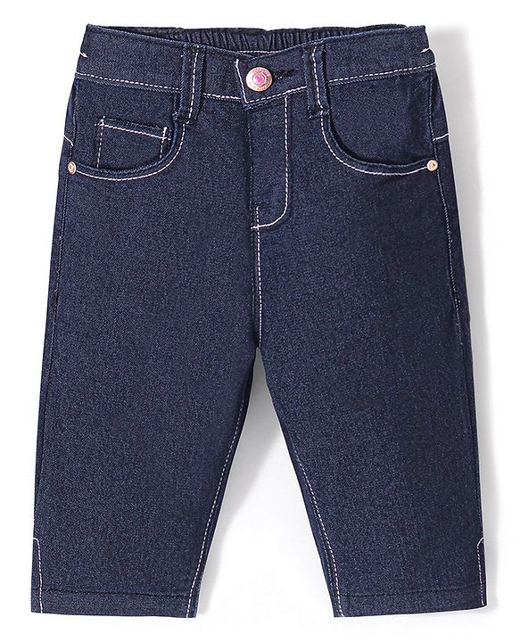 Babyhug Cotton Spandex Capri Length Stretchable Solid Jeans - Dark Blue