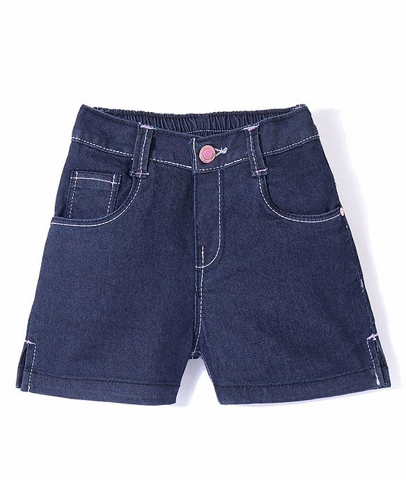Babyhug Cotton Poly Washed Denim Shorts With Stretch - Dark Blue