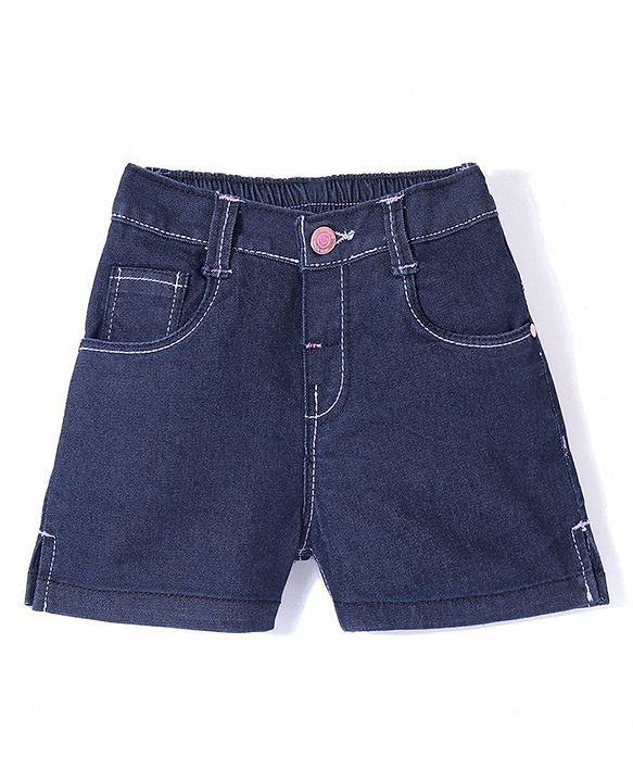 Babyhug Cotton Poly Washed Denim Shorts With Stretch - Dark Blue