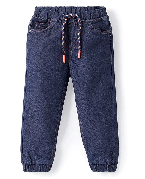 Babyhug Denim Washed Full Length  Jogger With Stretch - Dark Blue