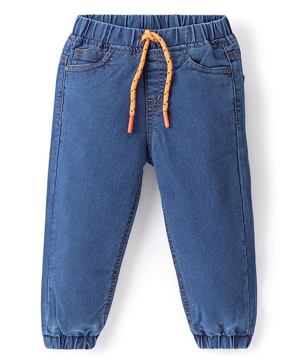 Babyhug Denim Washed Full Length  Jogger With Stretch - Medium Blue