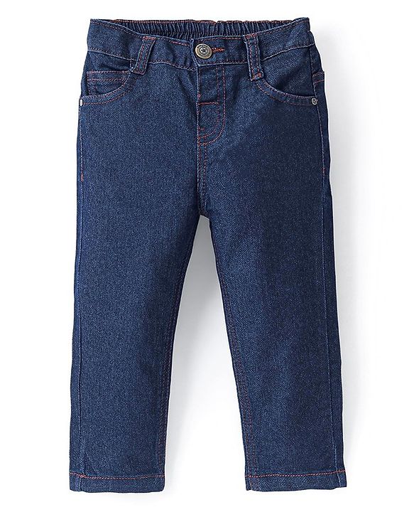 Babyhug Denim Washed Full Length  With Stretch Jeans Solid Colour  With Mock Fly  - Dark Blue
