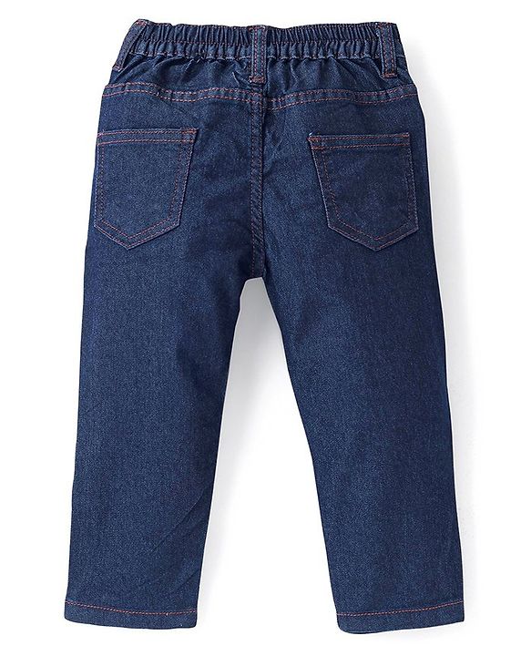 Babyhug Denim Washed Full Length  With Stretch Jeans Solid Colour  With Mock Fly  - Dark Blue