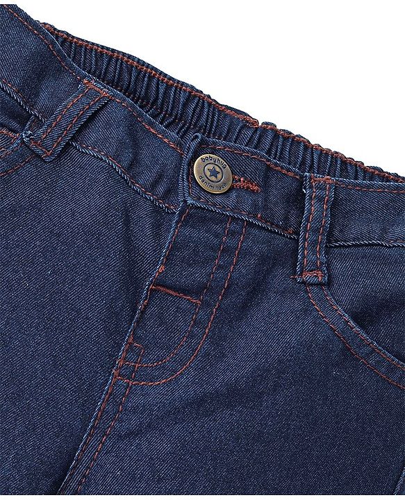 Babyhug Denim Washed Full Length  With Stretch Jeans Solid Colour  With Mock Fly  - Dark Blue