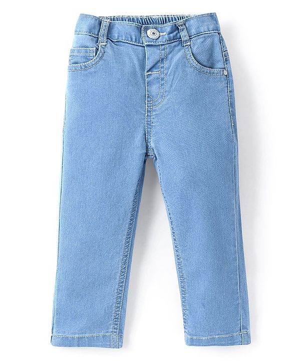 Babyhug Denim Washed Full Length  With Stretch Jeans Solid Colour   Fly With Zipper -  Light Blue