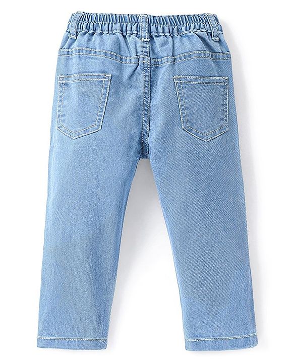 Babyhug Denim Washed Full Length  With Stretch Jeans Solid Colour   Fly With Zipper -  Light Blue