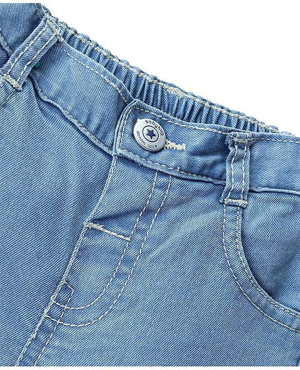 Babyhug Denim Washed Full Length  With Stretch Jeans Solid Colour   Fly With Zipper -  Light Blue