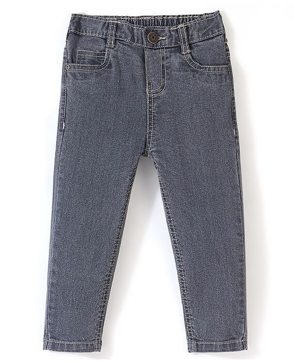 Babyhug Cotton Spandex Full Length Jeans With Stretch Solid Color   Fly With Zipper -  Charcoal Grey