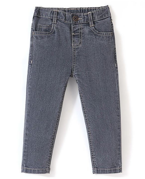 Babyhug Cotton Spandex Full Length Jeans With Stretch Solid Color   Fly With Zipper -  Charcoal Grey