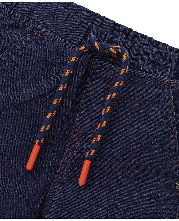 Babyhug Cotton Denim Above Knee Length Bermuda With Stretch Solid Colour - Dark Blue