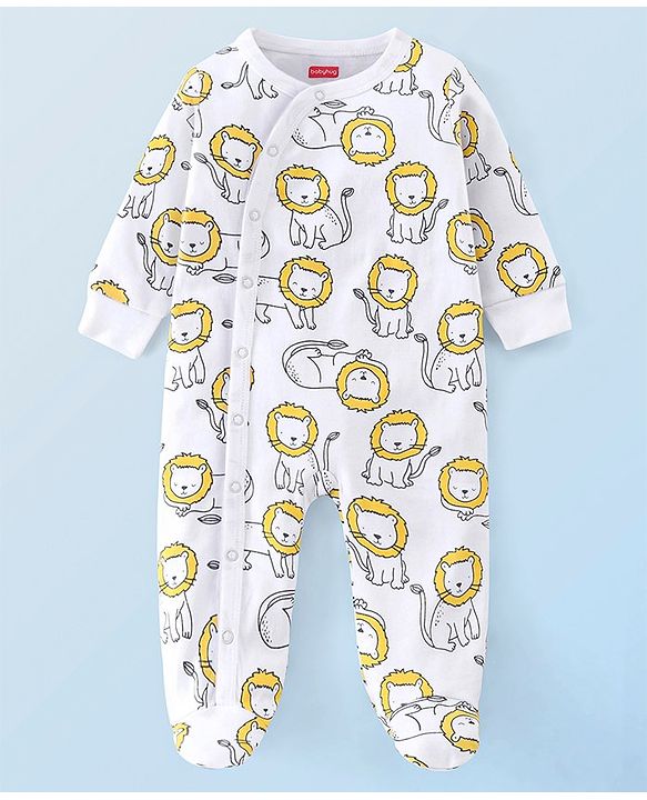 Babyhug Cotton Knit Full Sleeves Striped Footed Sleepsuit with Lion Print Pack of 2 - Blue Yellow & White