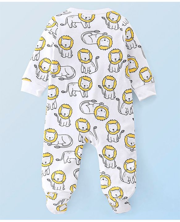 Babyhug Cotton Knit Full Sleeves Striped Footed Sleepsuit with Lion Print Pack of 2 - Blue Yellow & White