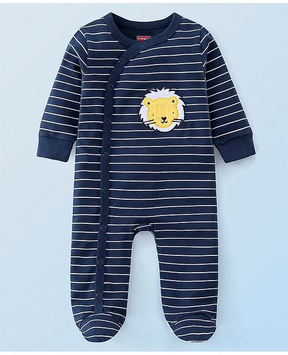 Babyhug Cotton Knit Full Sleeves Striped Footed Sleepsuit with Lion Print Pack of 2 - Blue Yellow & White