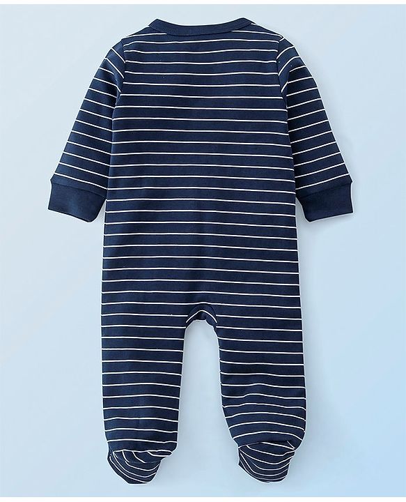 Babyhug Cotton Knit Full Sleeves Striped Footed Sleepsuit with Lion Print Pack of 2 - Blue Yellow & White