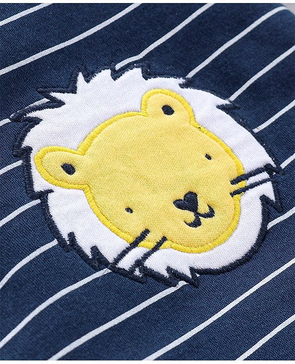 Babyhug Cotton Knit Full Sleeves Striped Footed Sleepsuit with Lion Print Pack of 2 - Blue Yellow & White