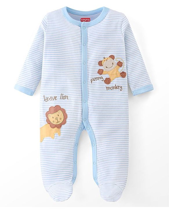 Babyhug Cotton Knit Full Sleeves Striped Footed Sleepsuit with Lion Print - Blue