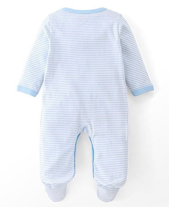 Babyhug Cotton Knit Full Sleeves Striped Footed Sleepsuit with Lion Print - Blue