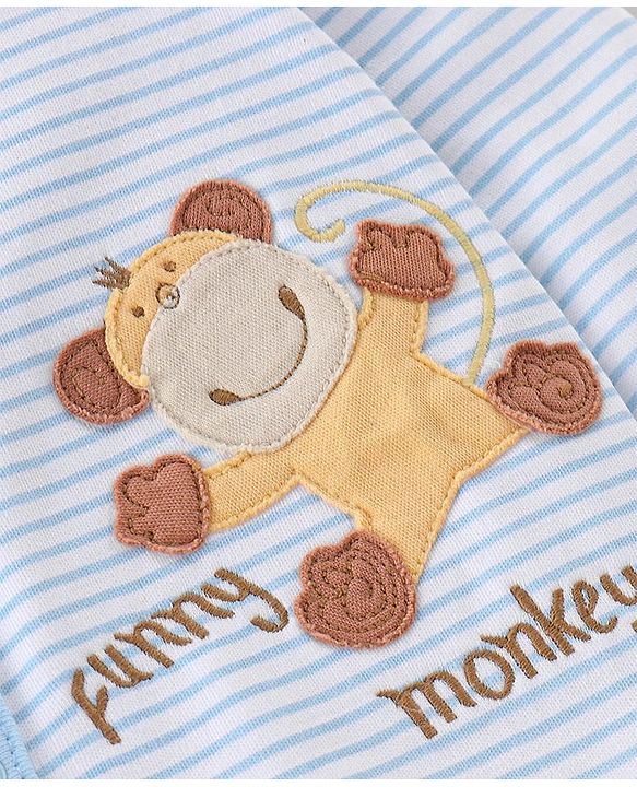 Babyhug Cotton Knit Full Sleeves Striped Footed Sleepsuit with Lion Print - Blue