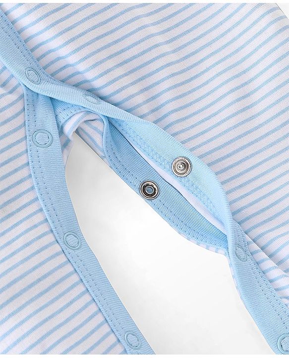 Babyhug Cotton Knit Full Sleeves Striped Footed Sleepsuit with Lion Print - Blue