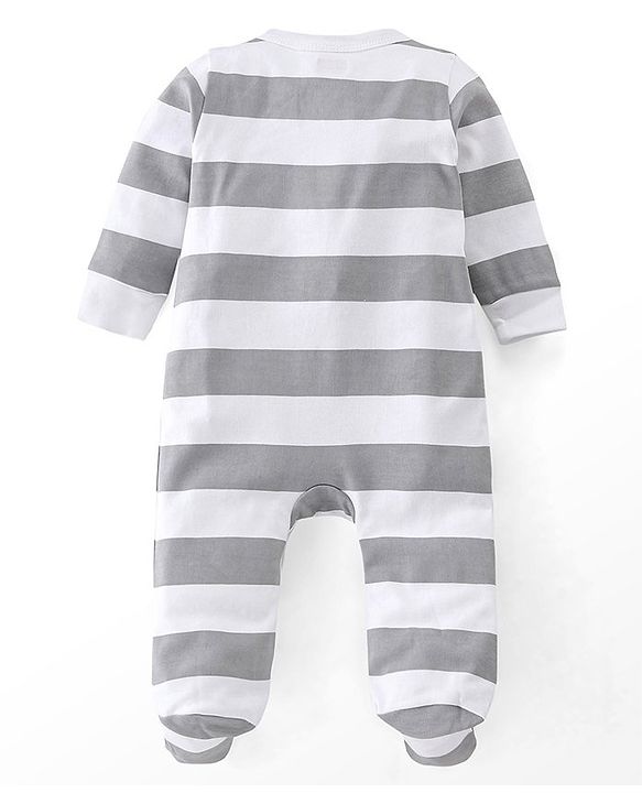Babyhug Cotton Knit Full Sleeves Footed Sleep Suit Stripes & Text Print - Grey & White