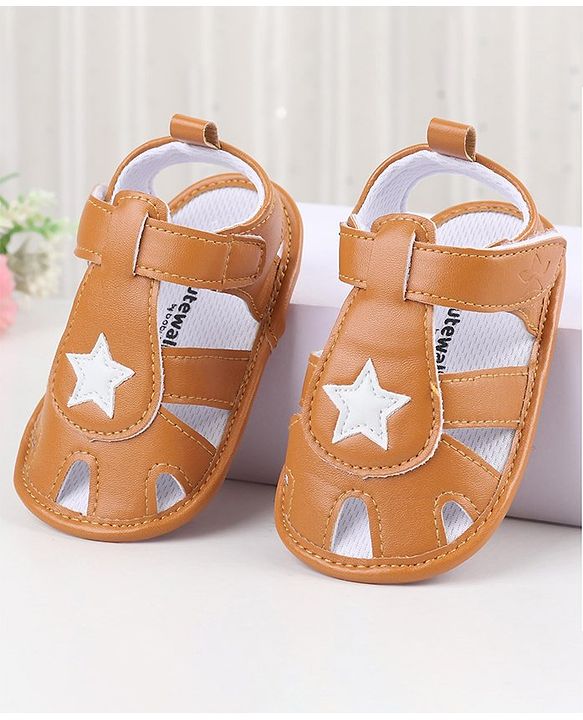 Cute Walk by Babyhug Booties with Velcro Closure Star Design - Light Brown