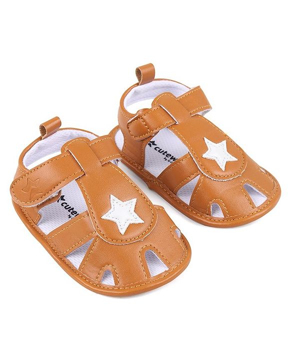 Cute Walk by Babyhug Booties with Velcro Closure Star Design - Light Brown