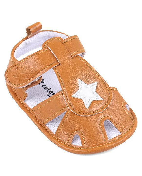 Cute Walk by Babyhug Booties with Velcro Closure Star Design - Light Brown