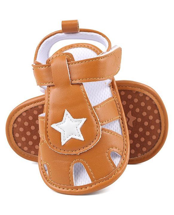 Cute Walk by Babyhug Booties with Velcro Closure Star Design - Light Brown