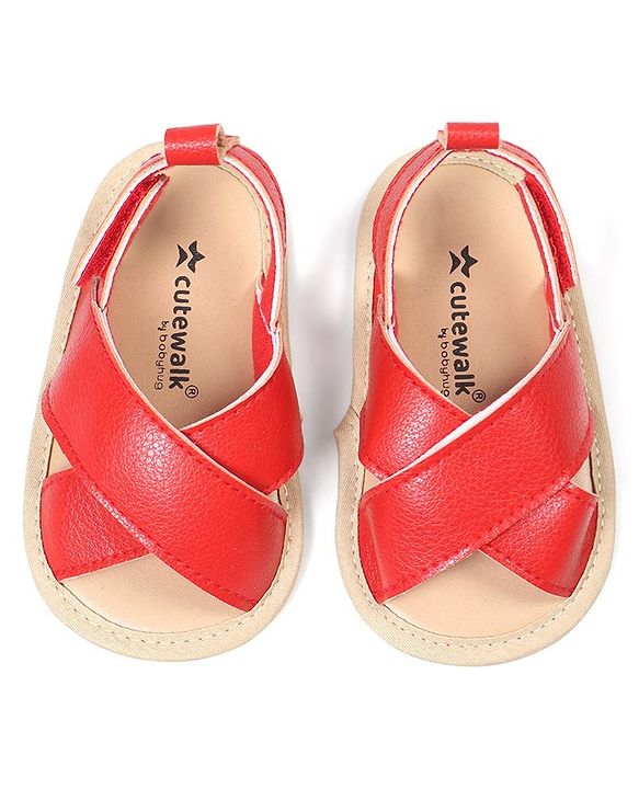 Cute Walk by Babyhug Solid Color Booties with Velcro Closure - Red