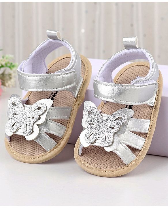 Cute Walk by Babyhug Velcro Closure Booties with Butterfly Detailing - Silver