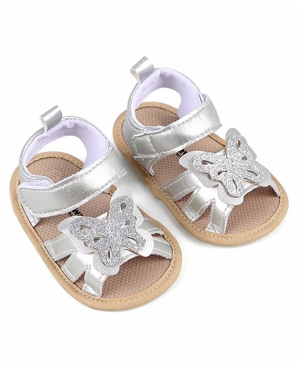 Cute Walk by Babyhug Velcro Closure Booties with Butterfly Detailing - Silver