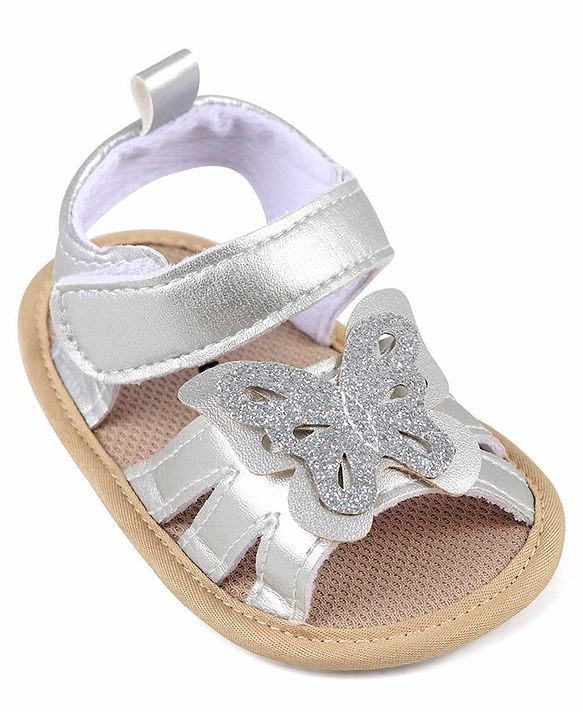 Cute Walk by Babyhug Velcro Closure Booties with Butterfly Detailing - Silver