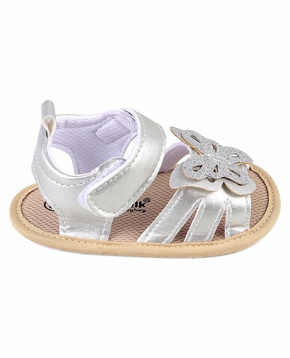 Cute Walk by Babyhug Velcro Closure Booties with Butterfly Detailing - Silver
