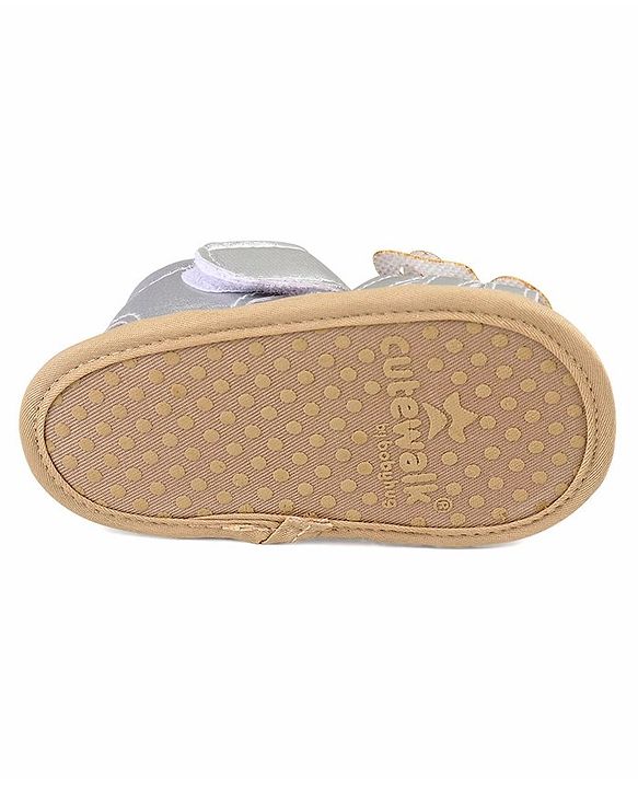 Cute Walk by Babyhug Velcro Closure Booties with Butterfly Detailing - Silver