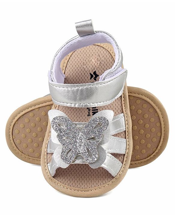 Cute Walk by Babyhug Velcro Closure Booties with Butterfly Detailing - Silver