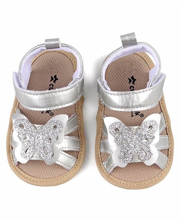 Cute Walk by Babyhug Velcro Closure Booties with Butterfly Detailing - Silver